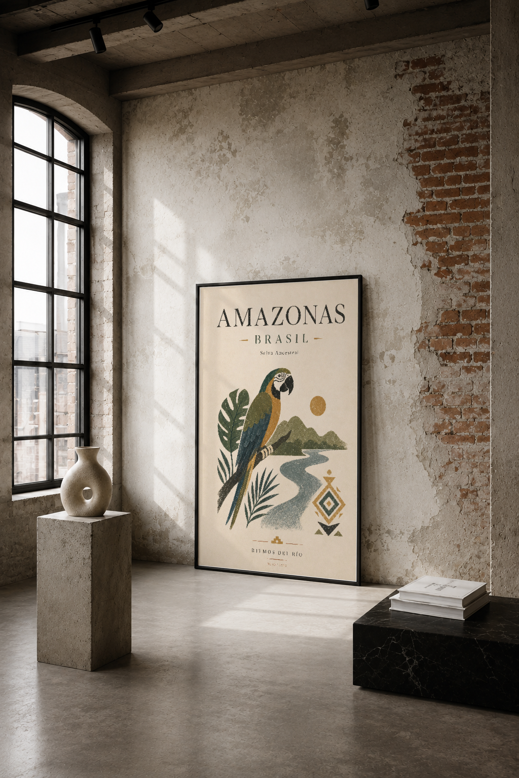 Amazonas Brasil tablosu, endüstriyel loft alanında duvarında asılı, tüyler ve geometrik tasarımlarla tropikal sahnesi.