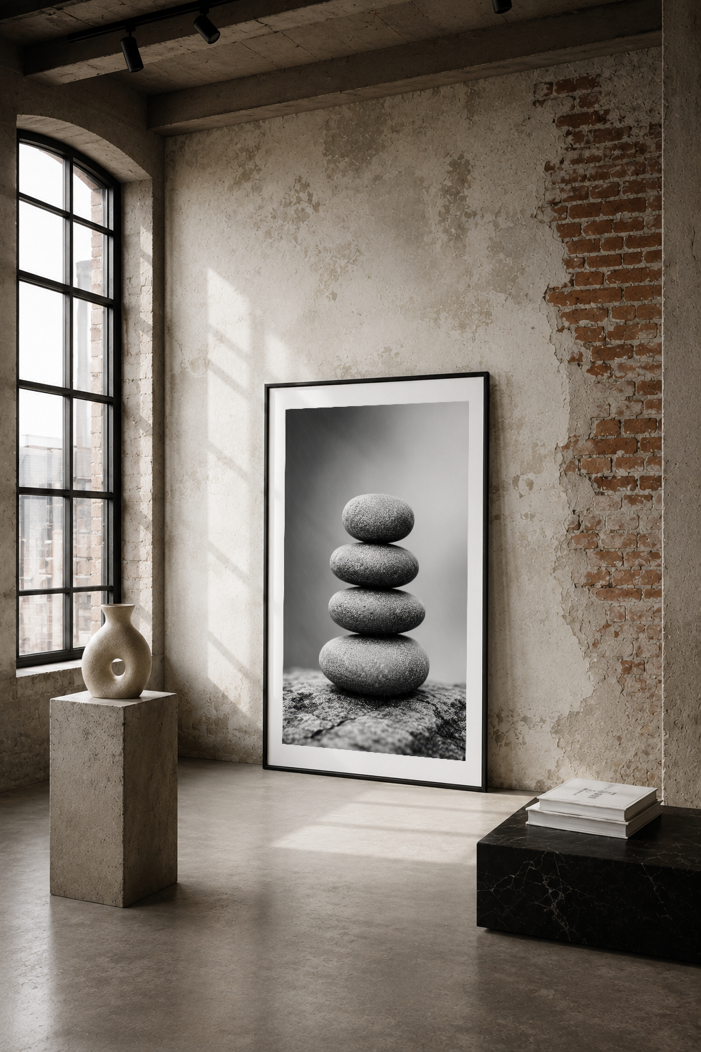 Dengesiz taş yığını siyah beyaz poster, endüstriyel açık loft dekorasyonunda minimalist zen sahnesi