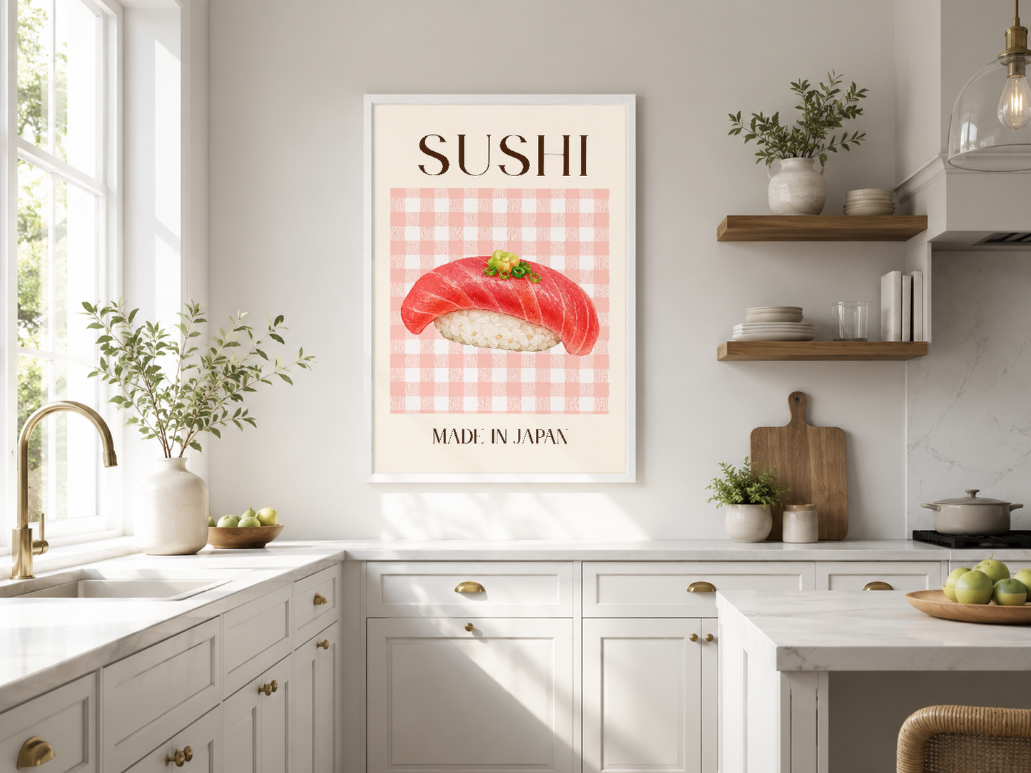 Retro tarzda sushi tablosu, pembe-beyaz kareli arka fonda kırmızı nigiri görseli, modern mutfakta minimalist dekorasyon.