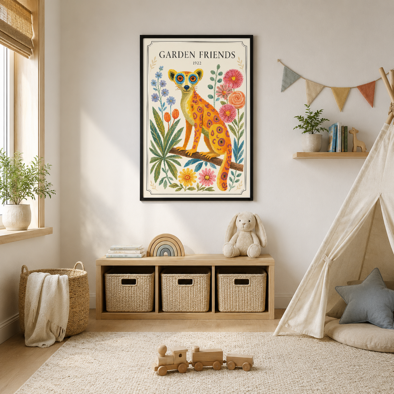 Sarı Pembe Leopar ve Çiçekler Botanik Vintage Duvar Tablosu
