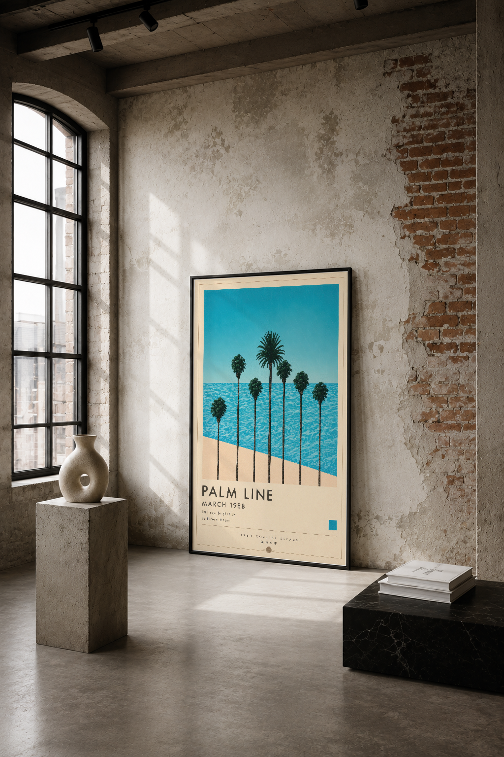 Palmiye ağaçlarının denizle buluştuğu sahnede, endüstriyel minimalist mekanın duvarında turquoise ve krem tonlarında retro