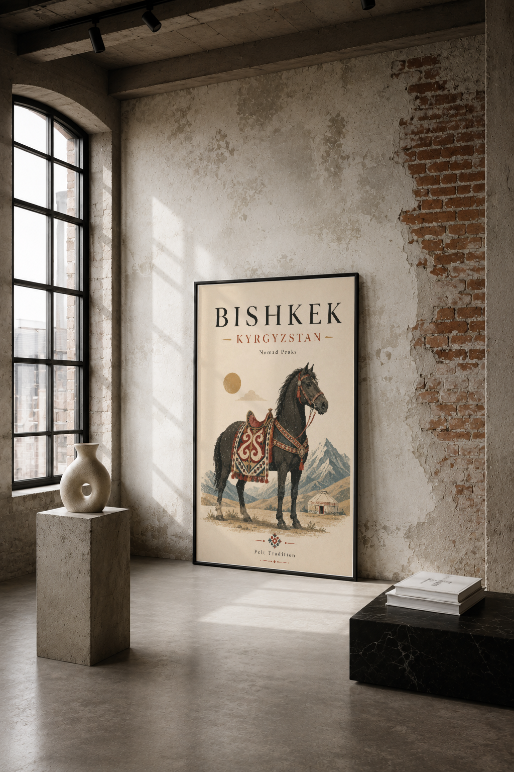 Bishkek Kırgızistan temalı vintage poster, endüstriyel bir mekanda sade tasarımla sergileniyor.