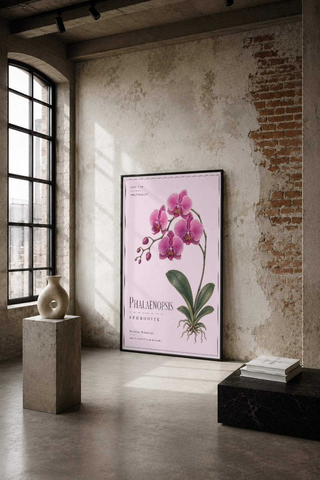 Pastel pembe zemin üzerinde botanik tarzında Phalaenopsis orkidesi illüstrasyonu, endüstriyel mekanda duvar tablosu.