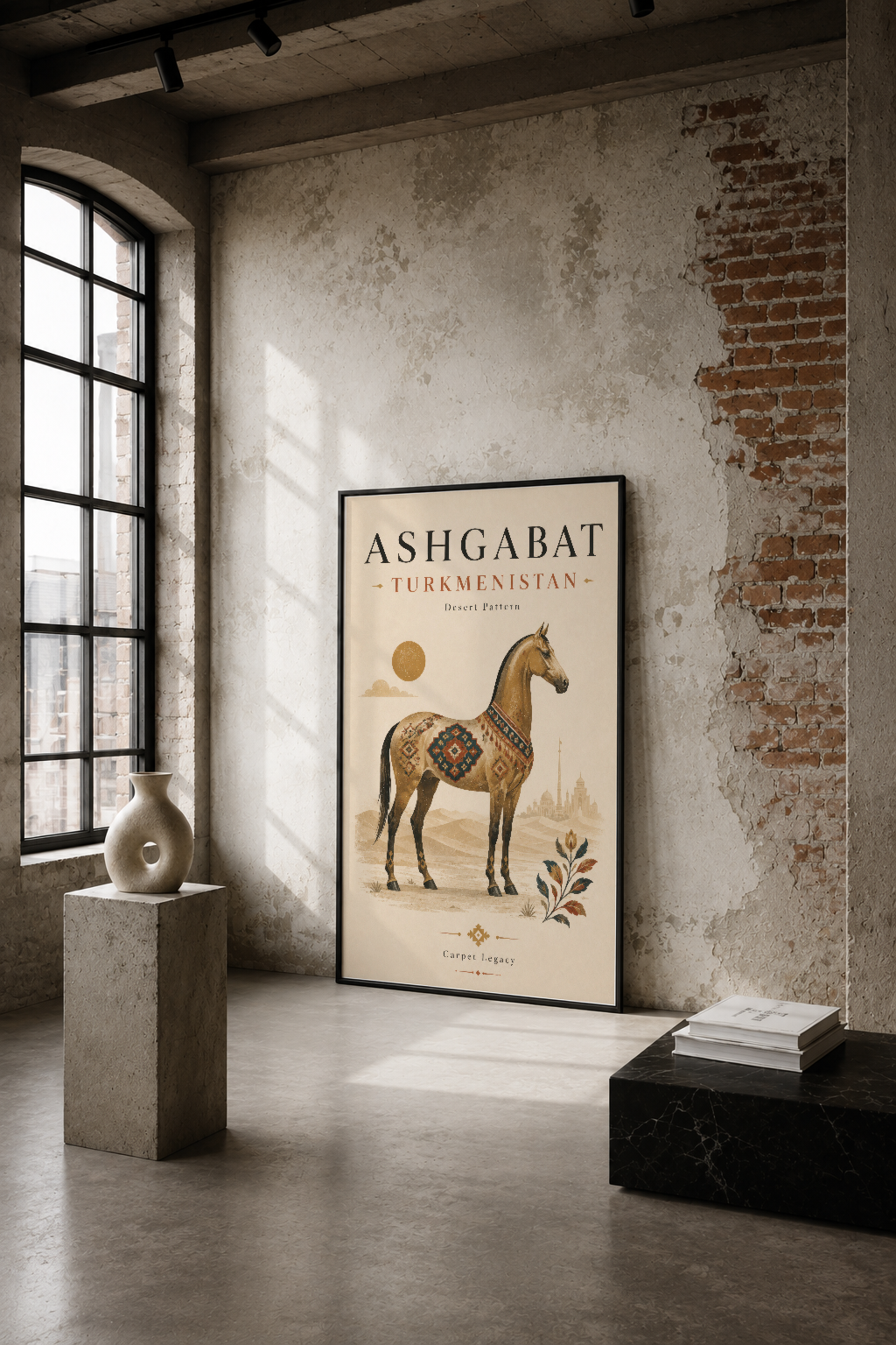 Ashgabat Türkmenistan temalı sanat tablosu, çöl atı deseni ve bohem tarzı, endüstriyel aydınlık mekanla uyum.