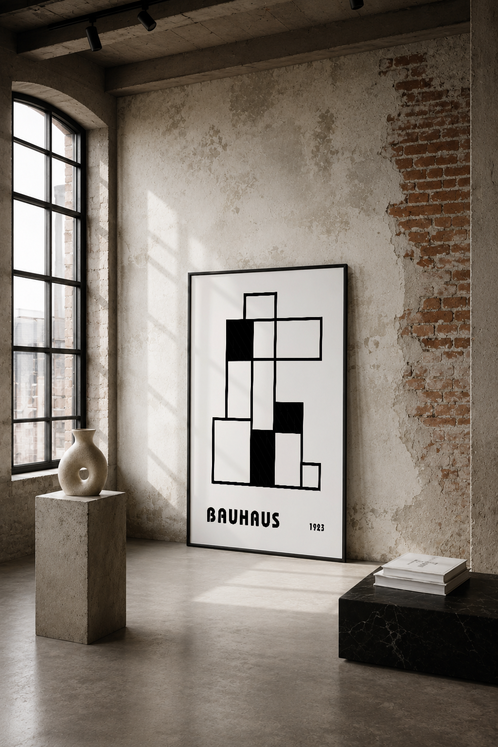 Bauhaus 1923 tasarımı, siyah-beyaz geometrik karelerin minimalist bileşimi, endüstriyel loft ortamında duvar tablosu.