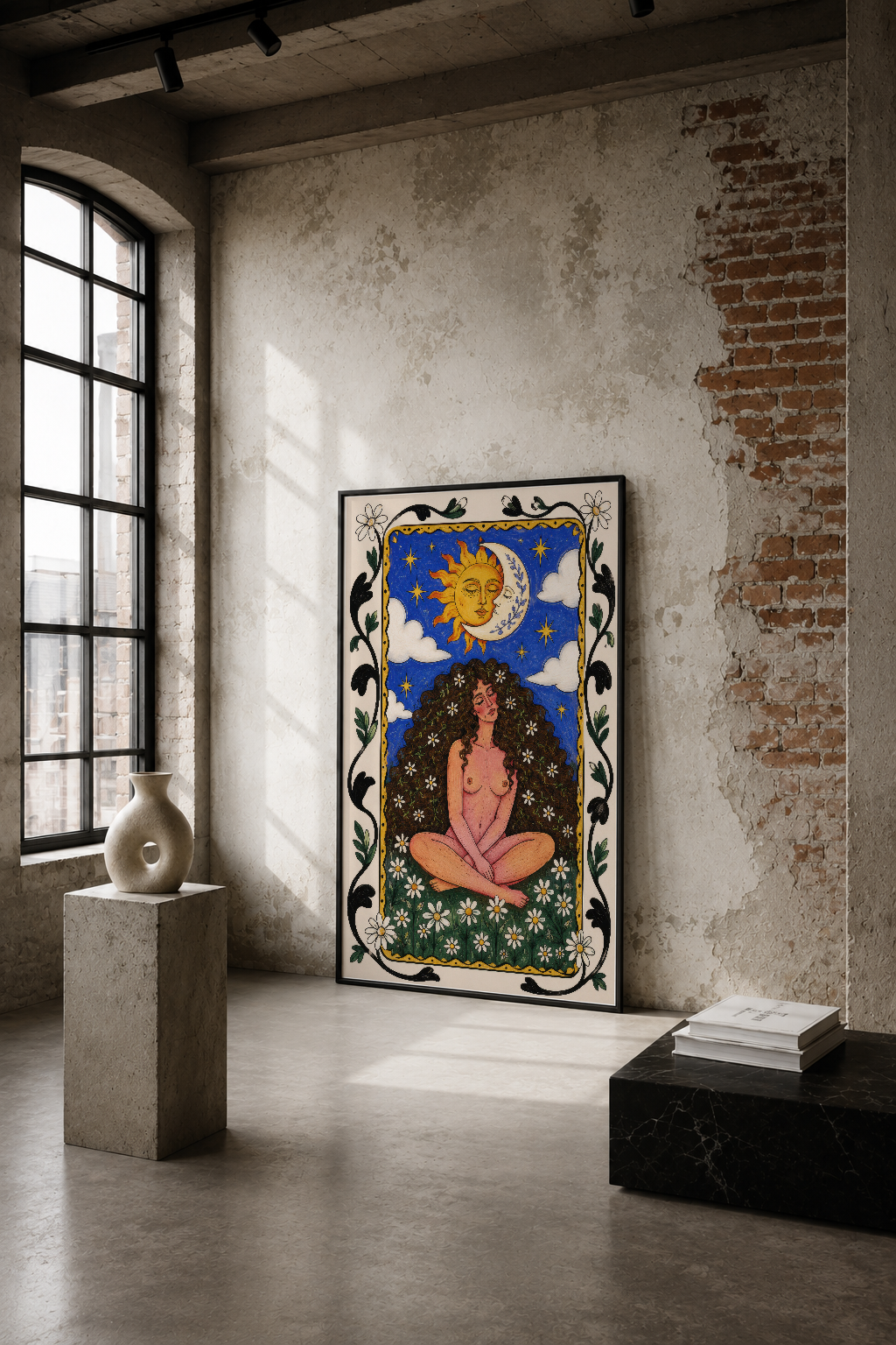 Ay ve güneş motifli, celestial tarzı duvar tablosu, soyut figüratif sanat stilinde, dekoratif çerçevesi ve canlı koyu mavi