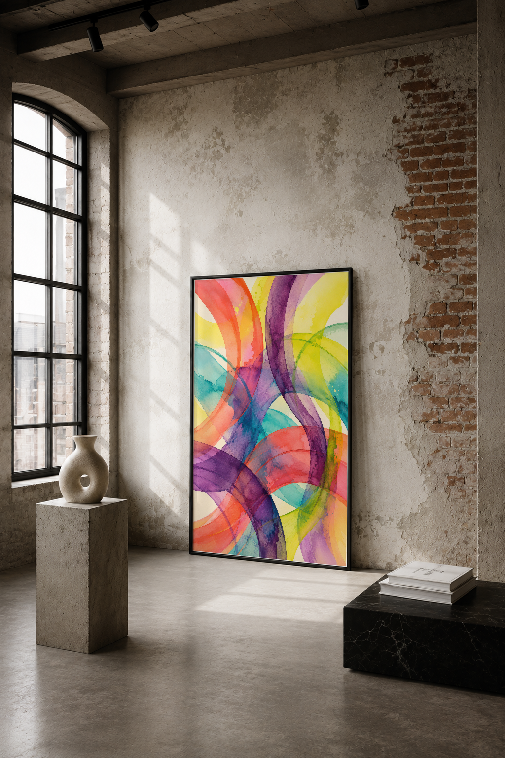 Endüstriyel tarzı aydınlık mekanda, renkli soyut dalgaların dinamik desenini gösteren modern sanat tablosu.