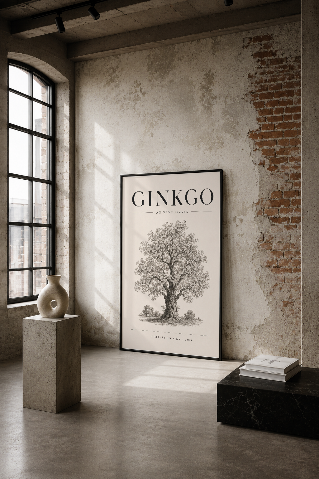 Ginkgo ağacının detaylı çizim tasarımı, endüstriyel loft dekorasyonunda sade bir duvar tablosu.