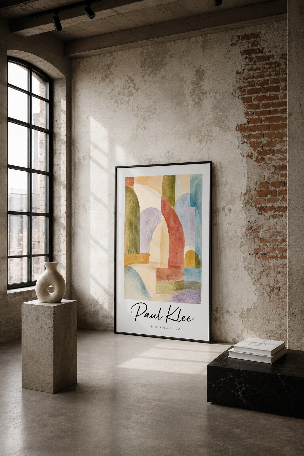 Paul Klee House of Colors tasarımı, endüstriyel loft ortamında duvar tablosu, soyut geometrik ve renkli komposisyon.