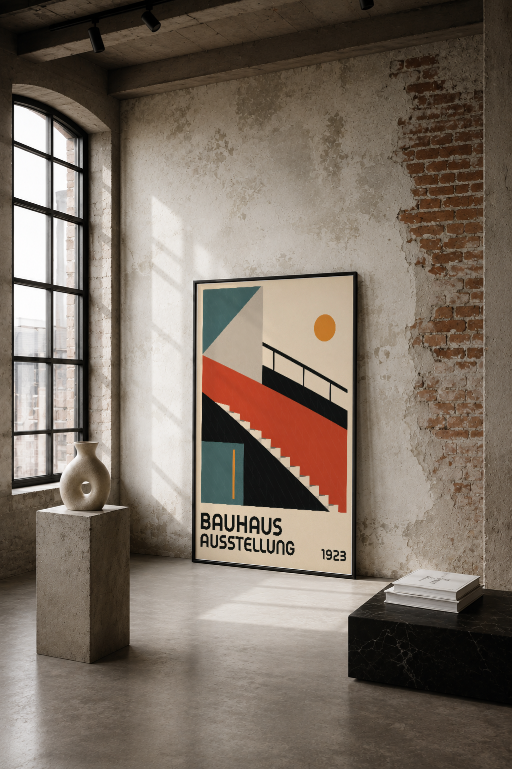 1923 Bauhaus Ausstellung tasarımı, geometrik formlar ve canlı renklerle endüstriyel şıklığı yansıtan poster.