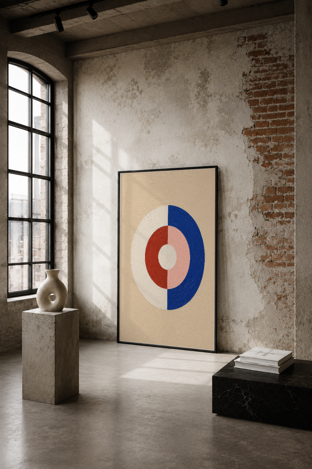 Krem zemin üzerinde geometrik daire motifi, siyah çerçeveli poster endüstriyel bir mekânda.
