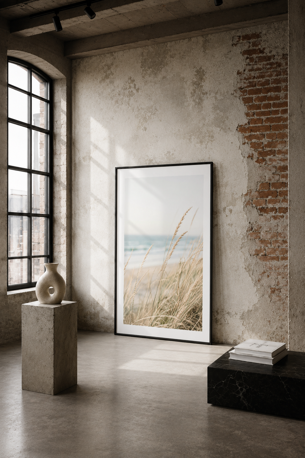 Kum çiçekleri ve deniz manzaralı minimalist tablo, endüstriyel loftta asılı, doğal ışığın altında.