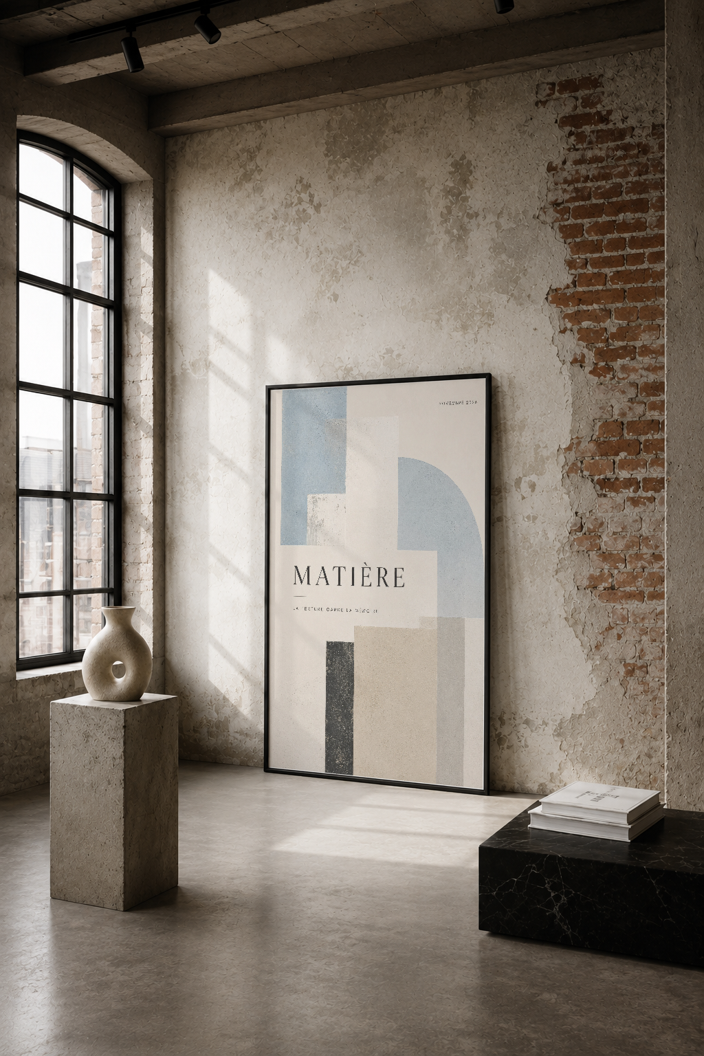 Matière tablosu, endüstriyel estetikle minimalist geometrik tasarımı birleştiren modern bir sanat eseridir.
