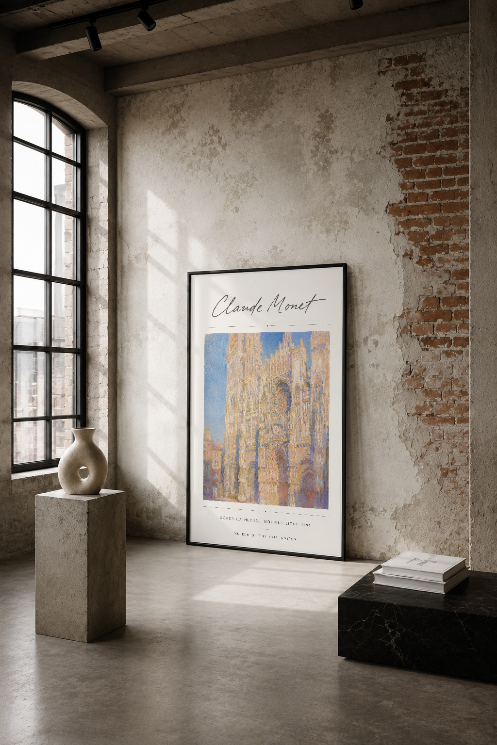 Claude Monet'nin İmpriyonist başyapıtı Rouen Katedrali'nin sabah ışığında tasvir edildiği zarif poster, endüstriyel loft