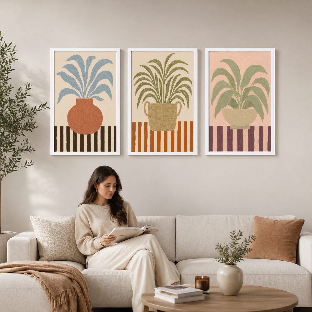 Art déco tarzında üç panel tablo, renkli saksılı bitki motifleriyle oturma odasında modern dekorasyon.