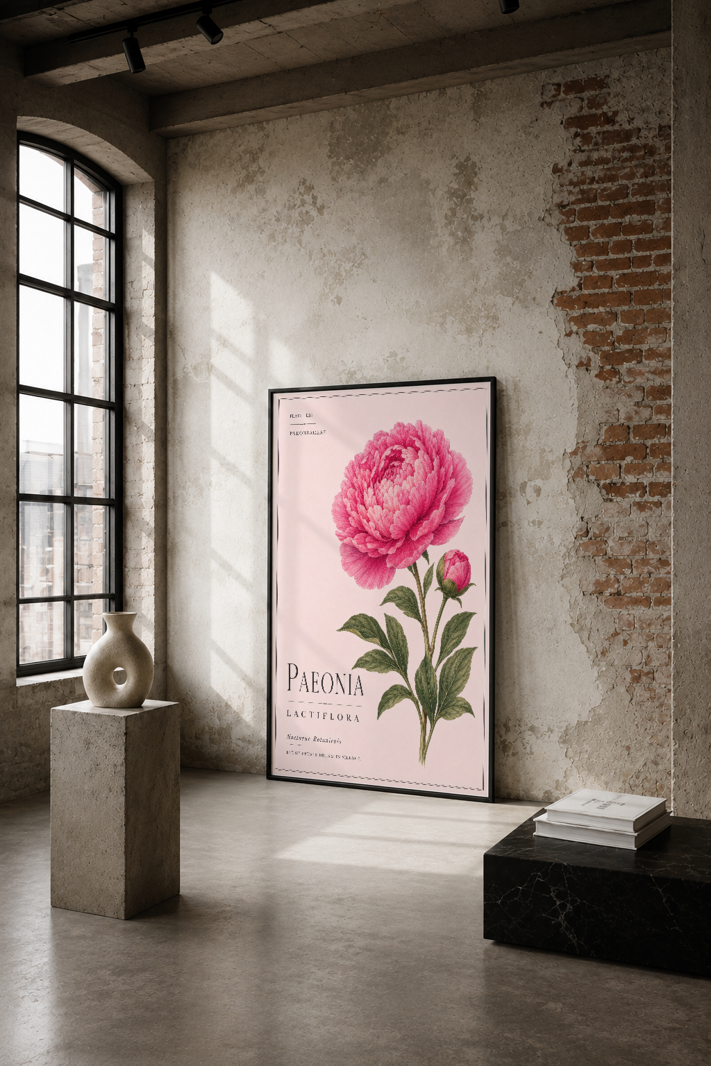 Pembe açan şakayık çiçeği botanik tasarımlı duvar tablosu, endüstriyel minimalist iç mekanda.