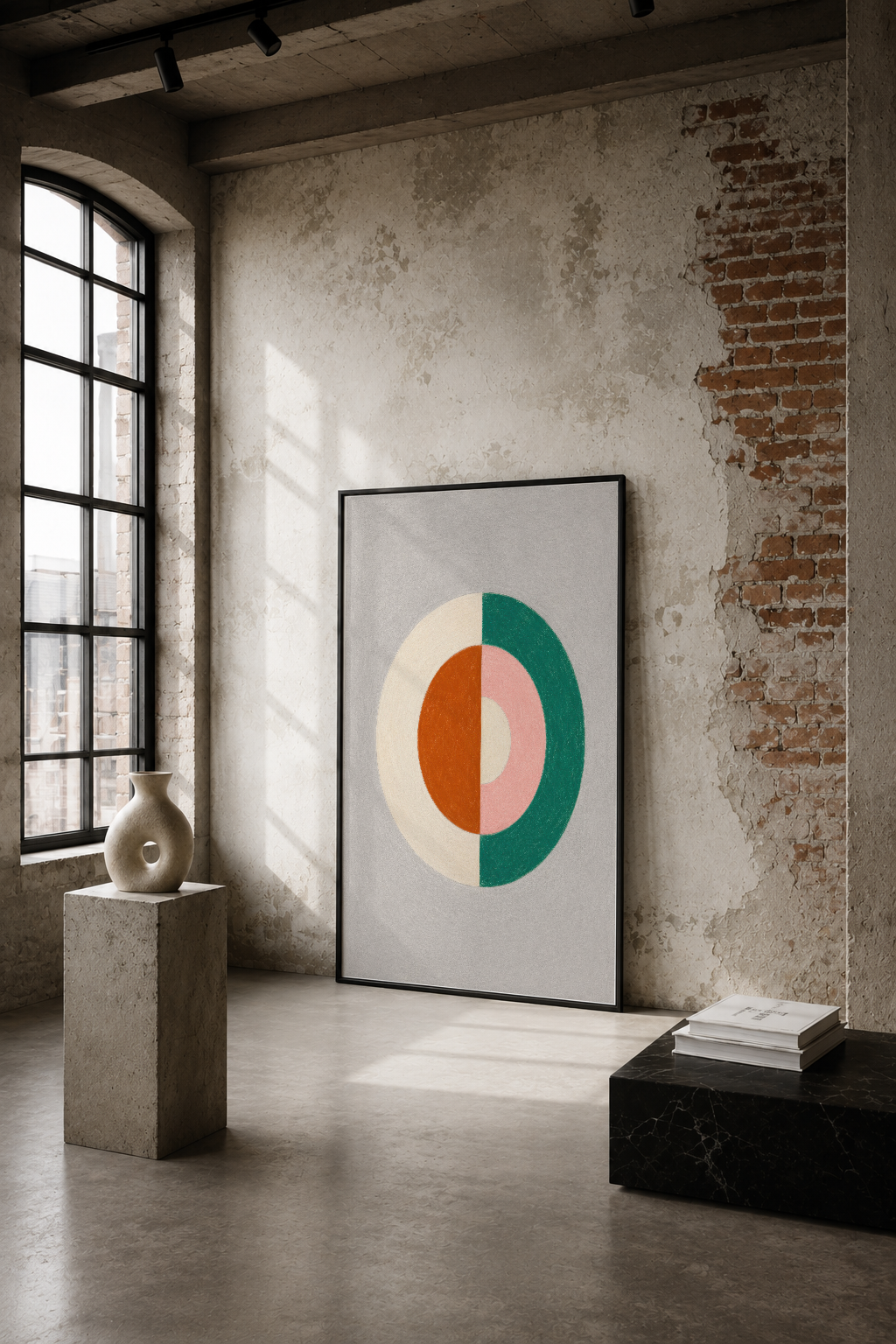 Geometrik daire motifi, turuncu ve yeşil renklerle sanat tablosu, endüstriyel loft dekorasyonunda.