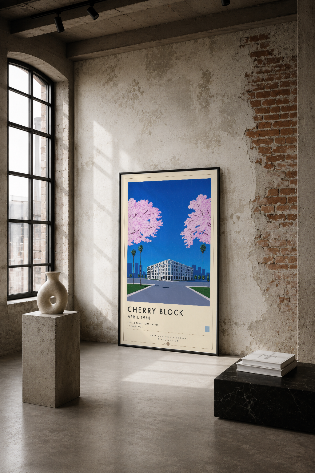 Çiçek açan sakura ağaçları ve mavi gökyüzü ile modern şehir mimarisi tasvirleyen retro stil poster, endüstriyel alanda asılı.