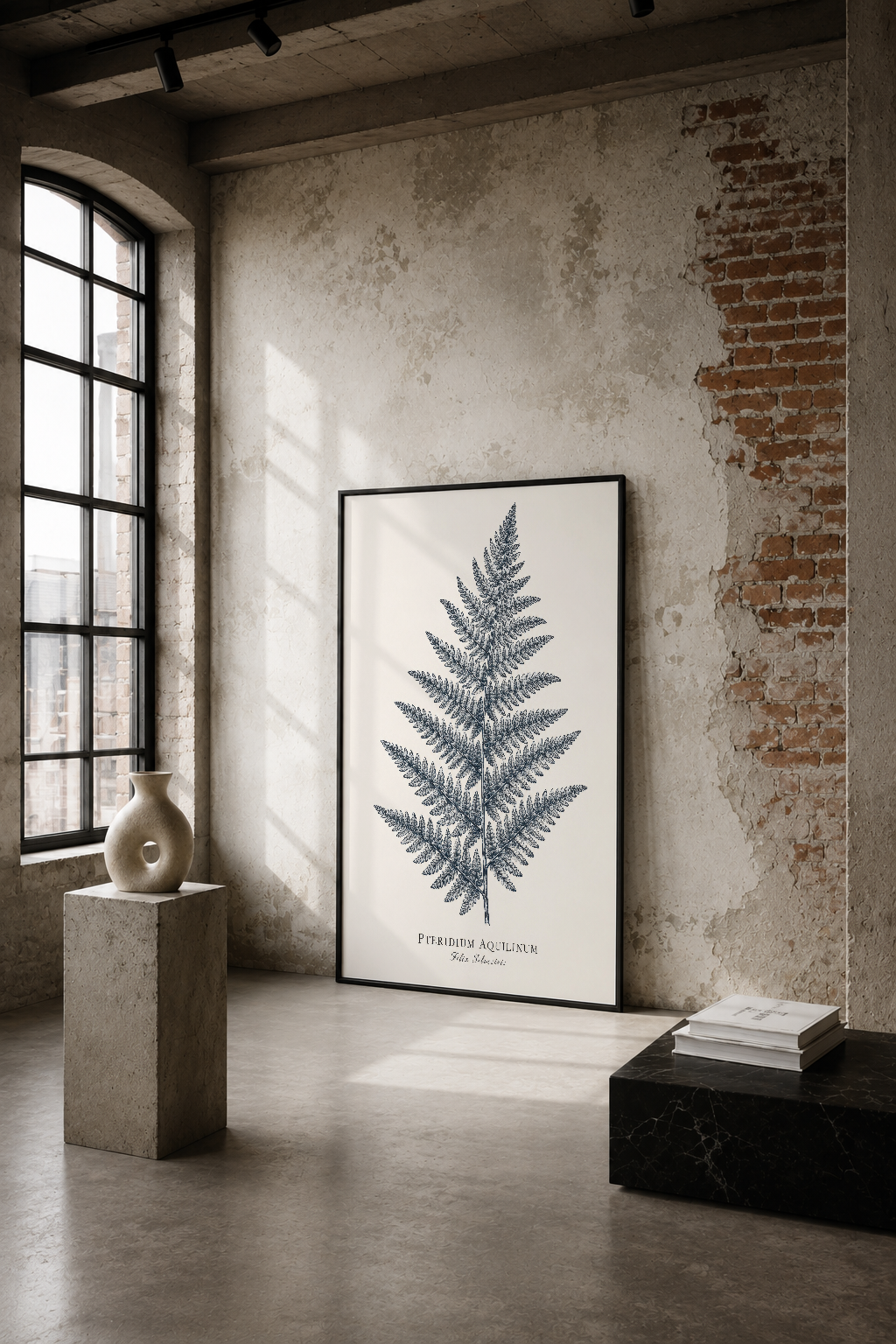 Çağdaş endüstriyel mekanda, eğrelti otu botanik tasarımı siyah çerçevede duvarı süsleyen şık poster.