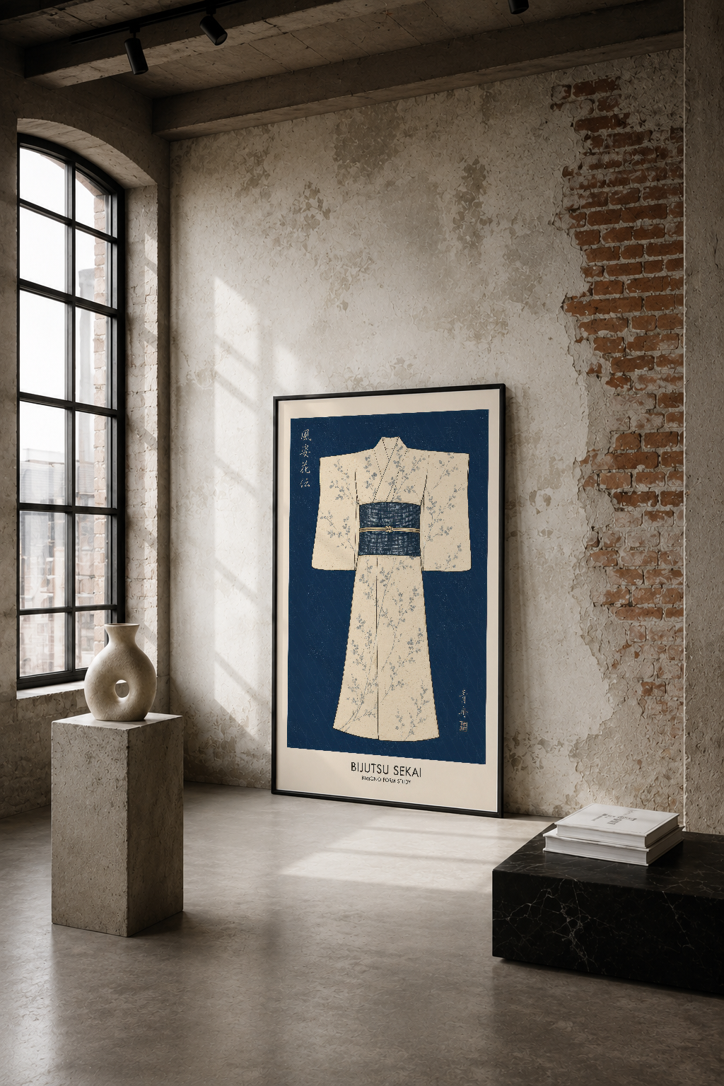 Beyaz desenli kimono tablosu, lacivert arka plan üzerinde Japon estetik stiliyle, endüstriyel gri duvar dekorasyonunda.