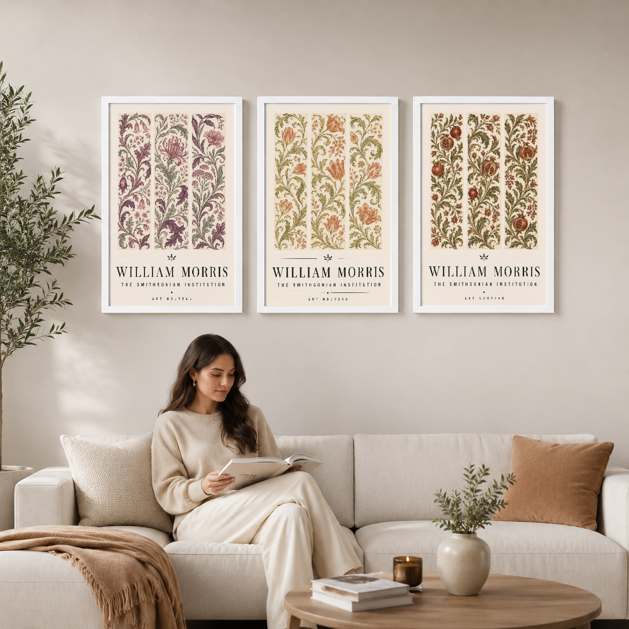 William Morris klasik çiçek desenleriyle bezenmiş üç panel tablo, modern oturma odasında kanepenin üstünde.