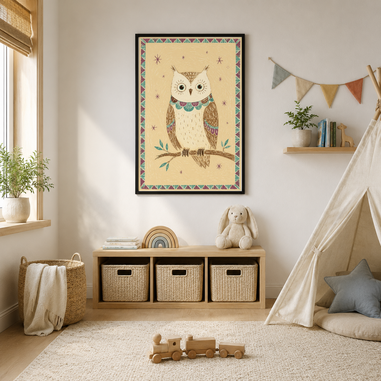 Boho tarzı baykuş tablosu, çocuk odasında dekoratif duvar sanatı olarak sergilenmekte.