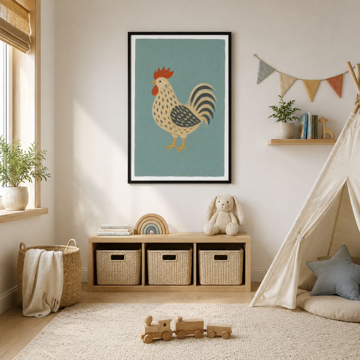 Çiftlik tarzı horoz illüstrasyonu, turkuaz arka funda, çocuk odasında duvar tablosu olarak sergilenen retro sanat.
