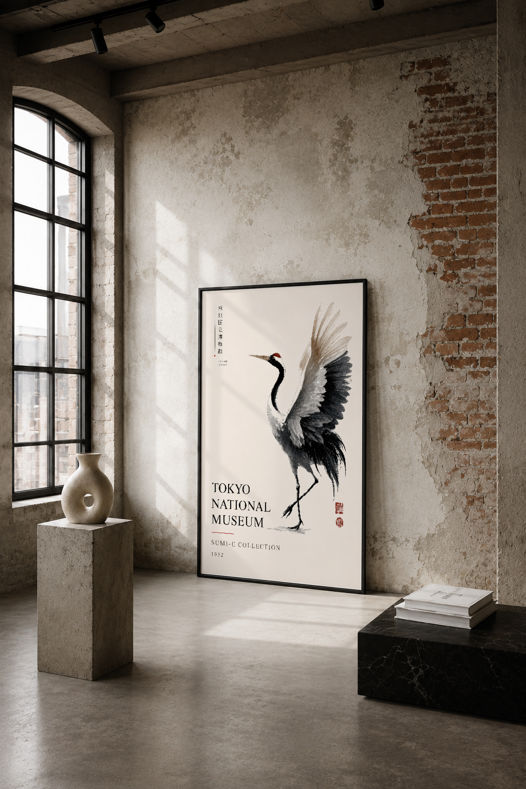 Sumi-e tarzında çizilmiş turna figürünün yer aldığı minimalist sanat tablosu, endüstriyel tasarımlı loft mekanında