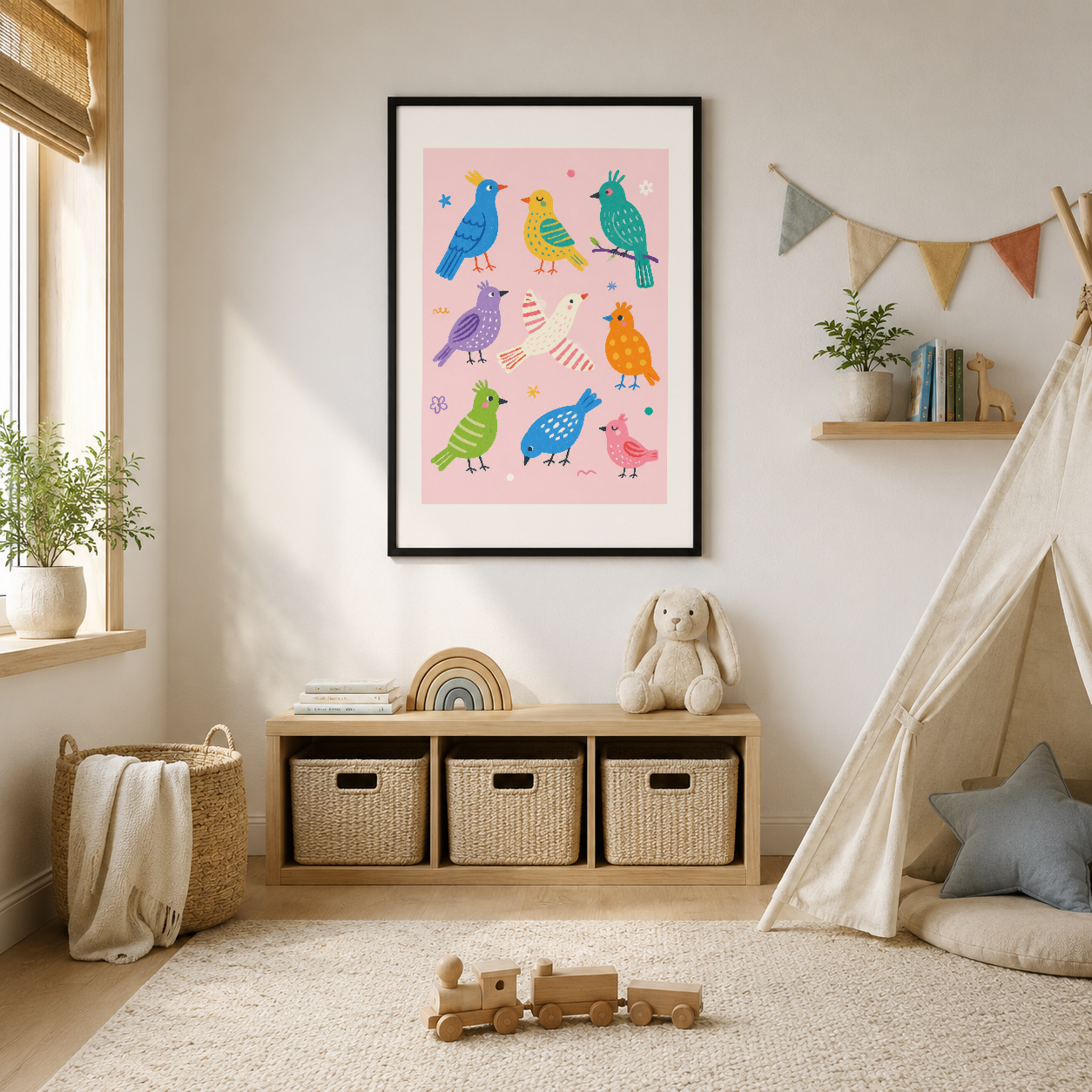 Pembe arka planda renkli kuşlar ve dekoratif öğelerle dolu neşeli çocuk odası posteri.