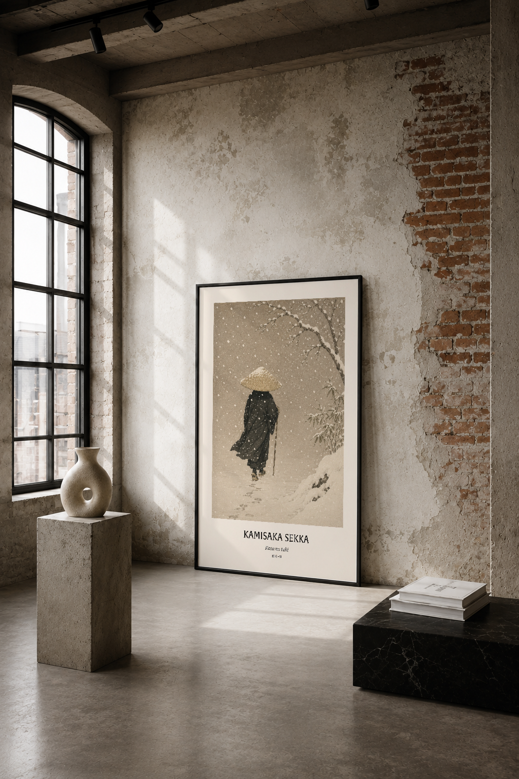 Kamisaka Sekka'nın karla kaplı doğa sahnesi, endüstriyel bir mekanda siyah çerçeveli poster olarak sergileniyor.