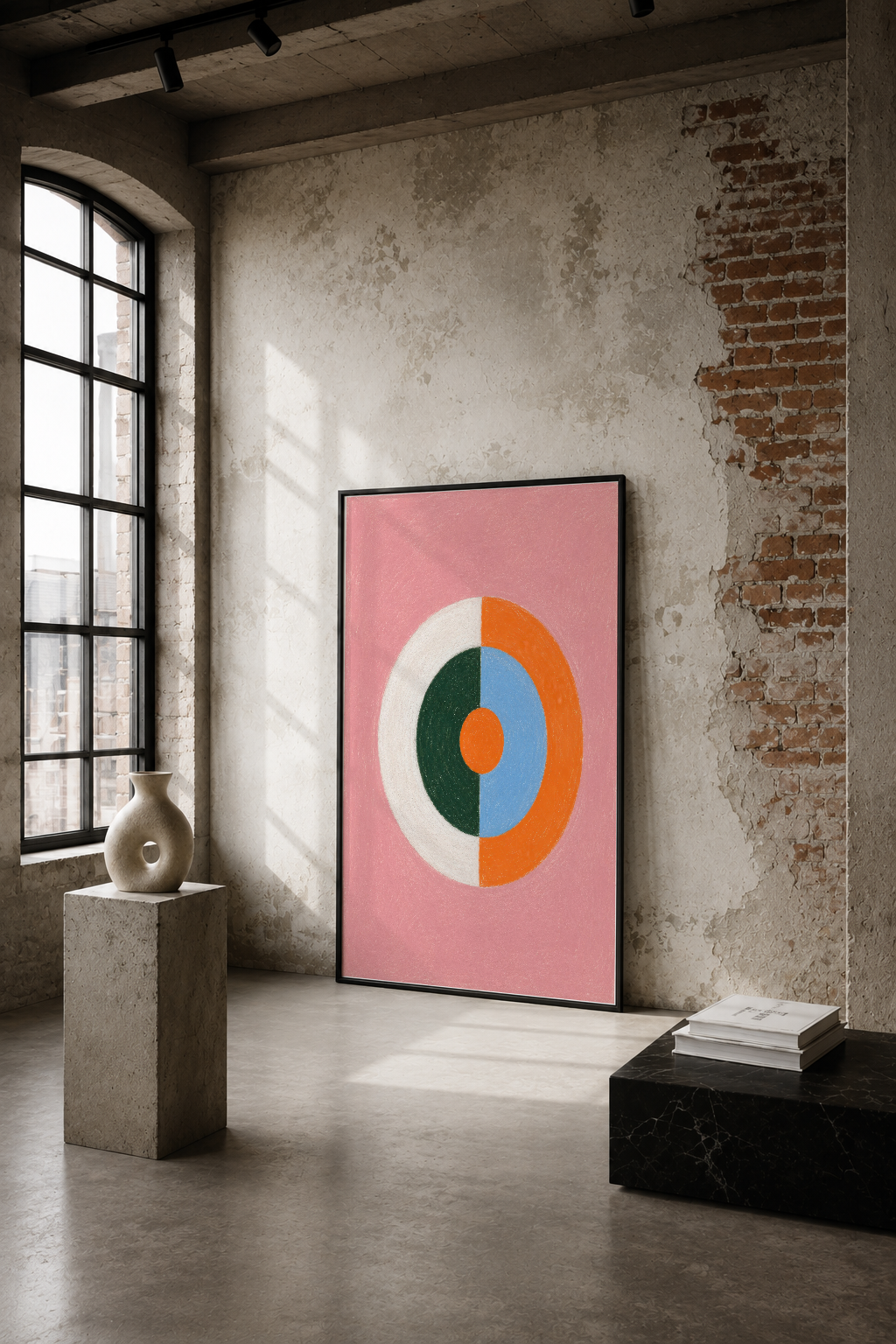 Pembe zemin üzerine renkli geometrik daire deseni, endüstriyel loft mekanında duvar sanatı olarak sergilenen modern tasarım.