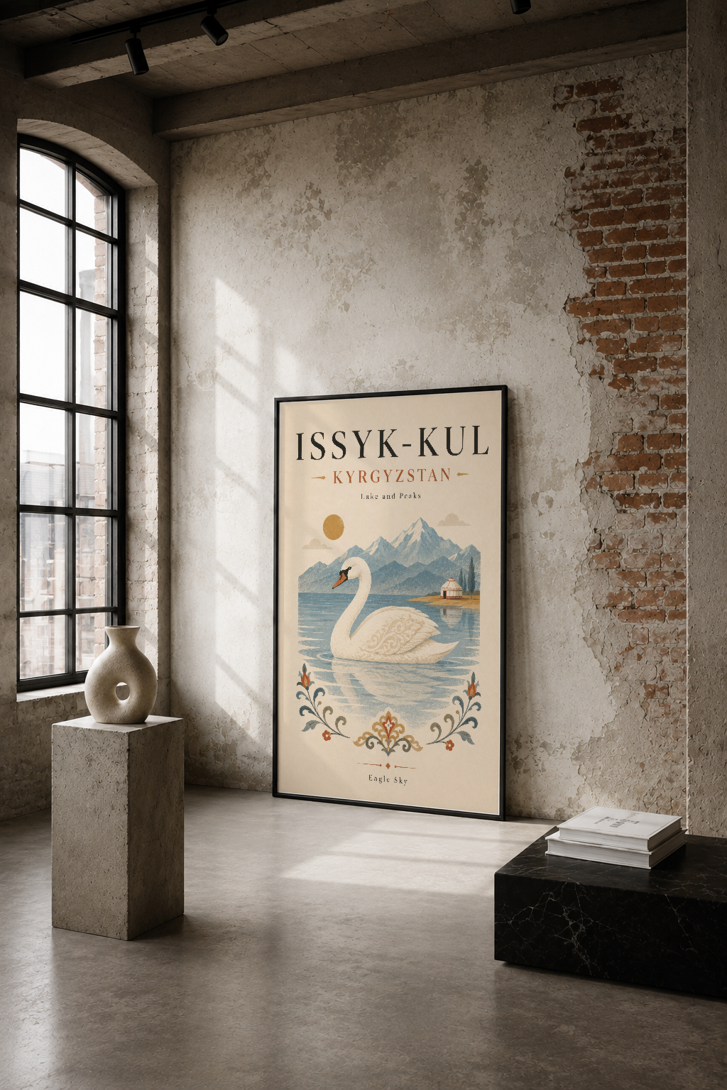 Issyk-Kul Kyrgyzstan tablosu, endüstriyel loft dekorasyonunda beyaz kuğu ve dağ manzarası konusu.