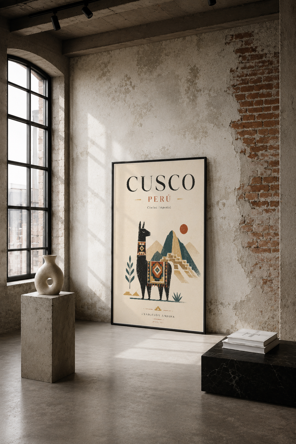 Cusco Perú posteri, endüstriyel loft dekorasyonunda, lama ve Machu Picchu motifleriyle Andean kültürü yansıtan sanat.