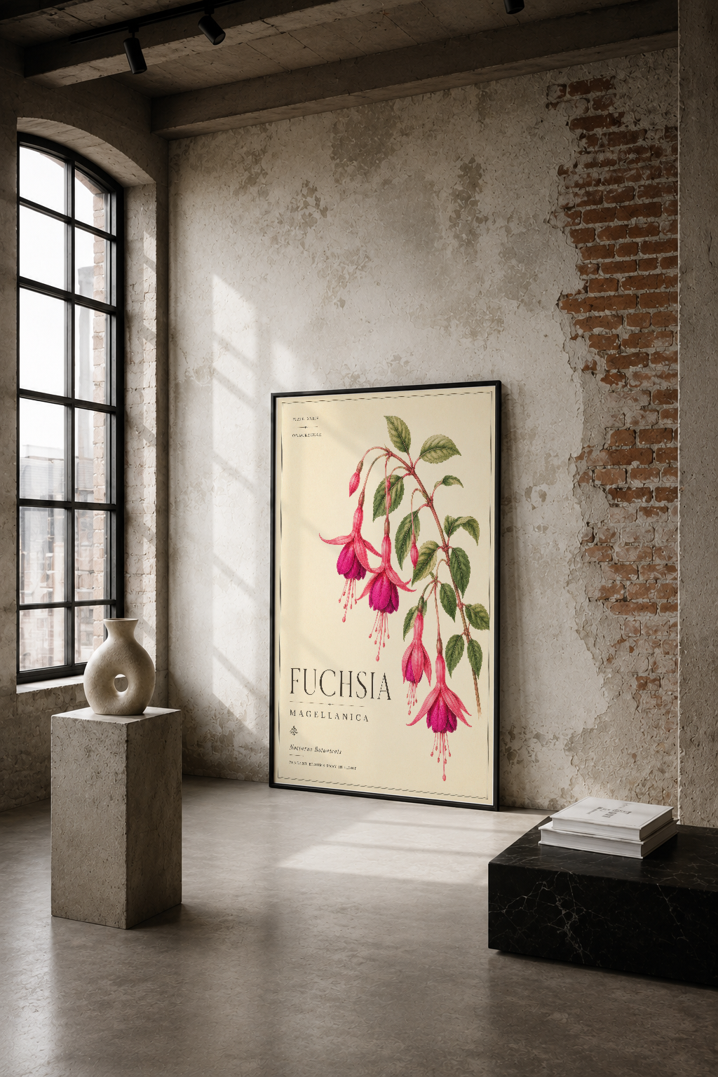 Vintage botanik tarzında fuşya çiçekli fuchsia tablosu, endüstriyel şık bir mekanın duvarında.