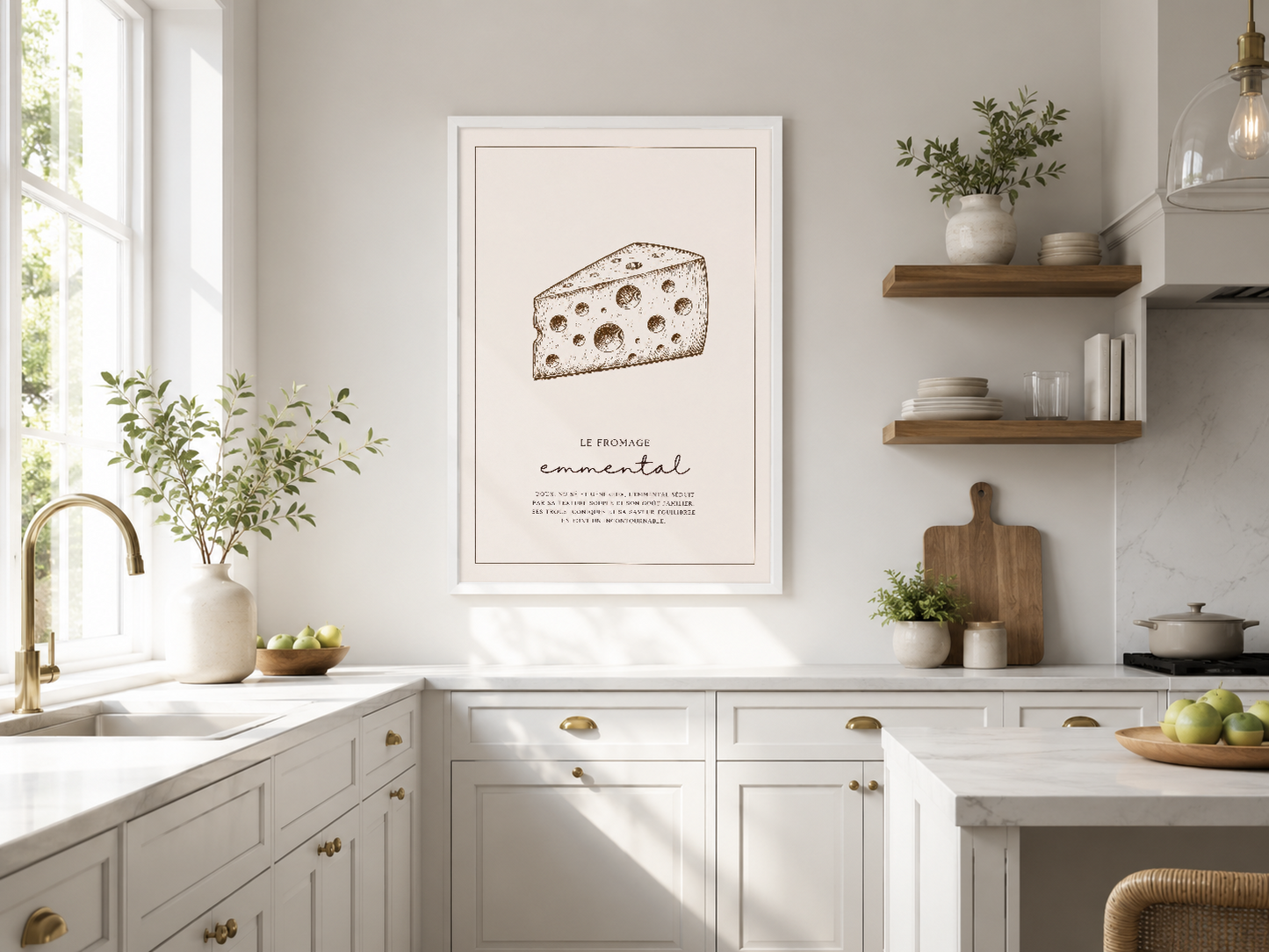 Peynir desenli minimalist poster, modern beyaz mutfakta kanepenin üstünde, zarif ve minimalist tasarım.