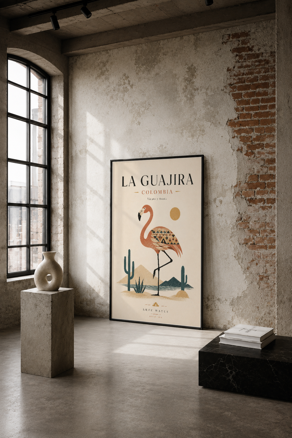 La Guajira Colombia temalı flamingo deseni tablo, endüstriyel aydınlık mekanda minimalist dekorasyonla sergilenmekte.