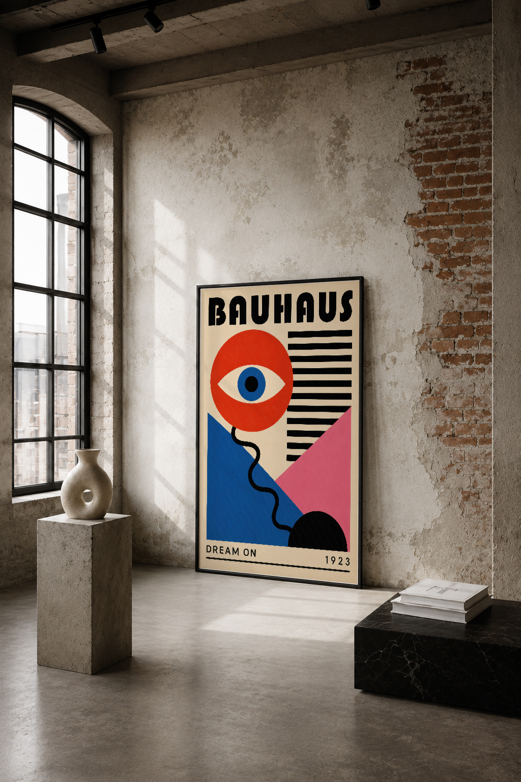 Bauhaus tarzı poster, kırmızı göz, mavi ve pembe geometrik formlar, 1923 Dream On yazısı ile endüstriyel alanda.