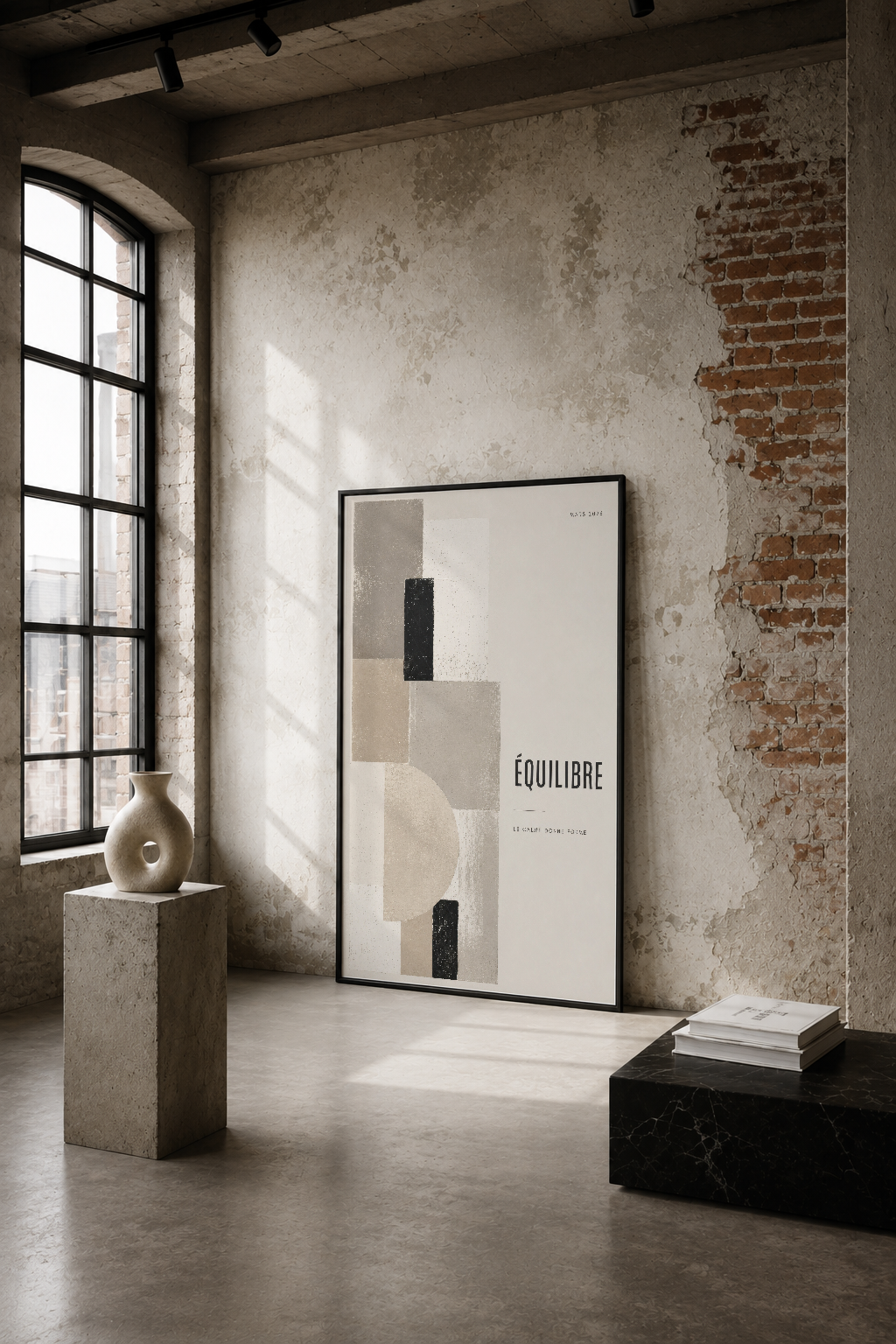 Equilibre soyut tablosu, endüstriyel loft ortamında geometrik şekiller ve nötr tonlarla modern estetik yansıtıyor.