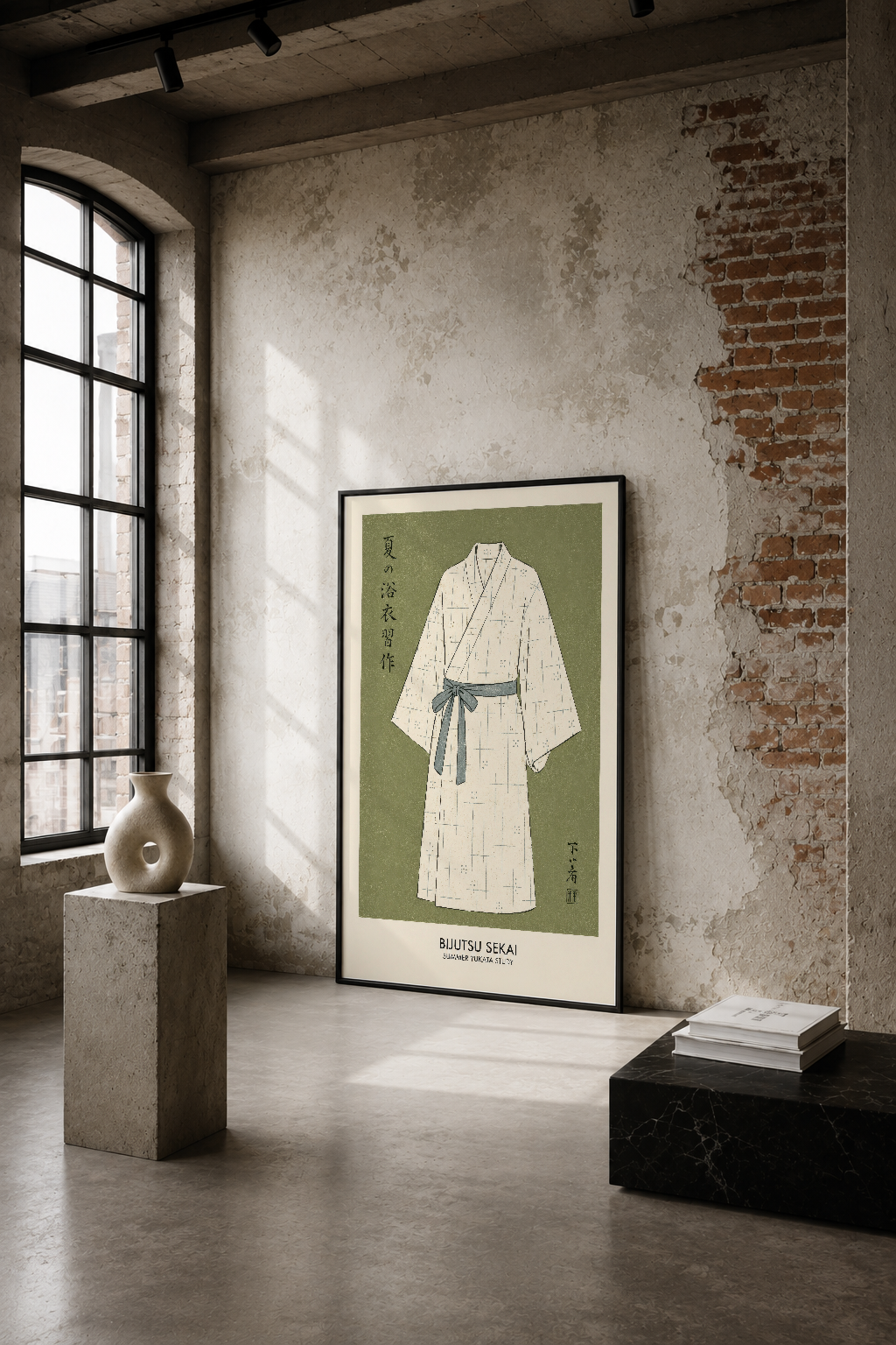 Endüstriyel bir mekanda, yukata tasarımlı Bijutsu Sekai sanat baskısı, yeşil arka planda monokrom kimono motifi içeriyor.