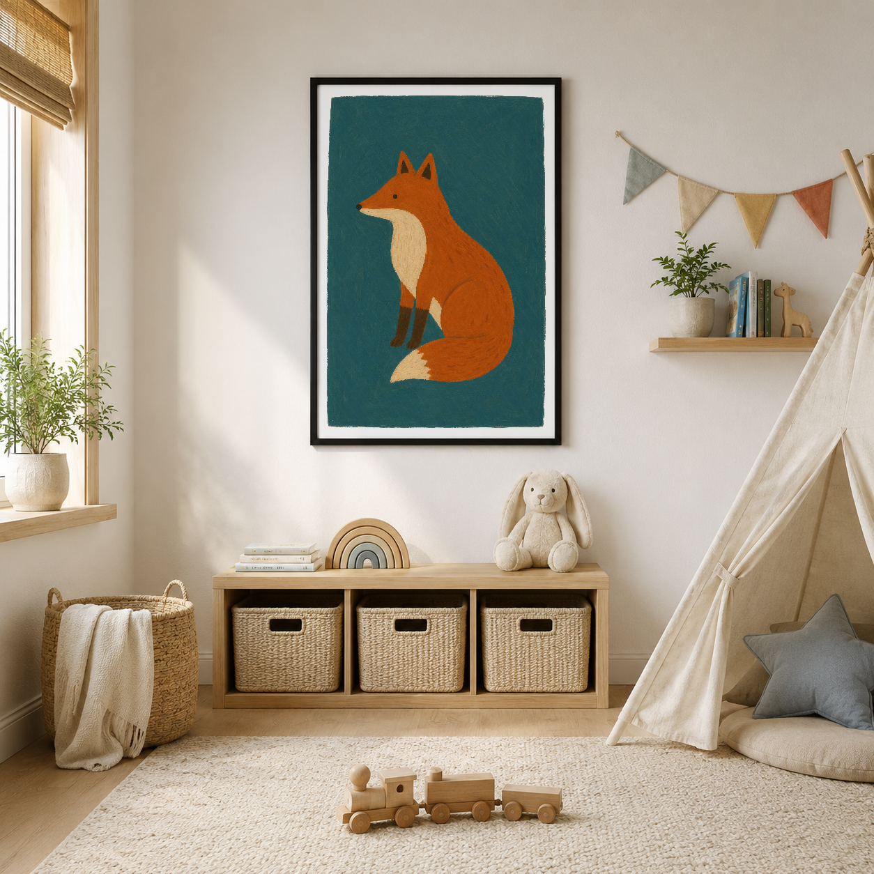 Turuncu tilki illüstrasyonu, çocuk odası dekorasyonunda koyu yeşil fonda minimalist sanat tablosu.