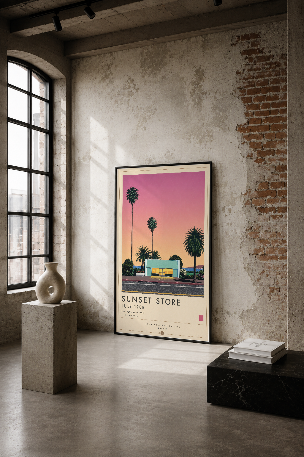 Sunset Store tablosu, endüstriyel aydınlık bir mekanda palmiye ağaçları ve retro mağazasıyla nostaljik bir atmosfer