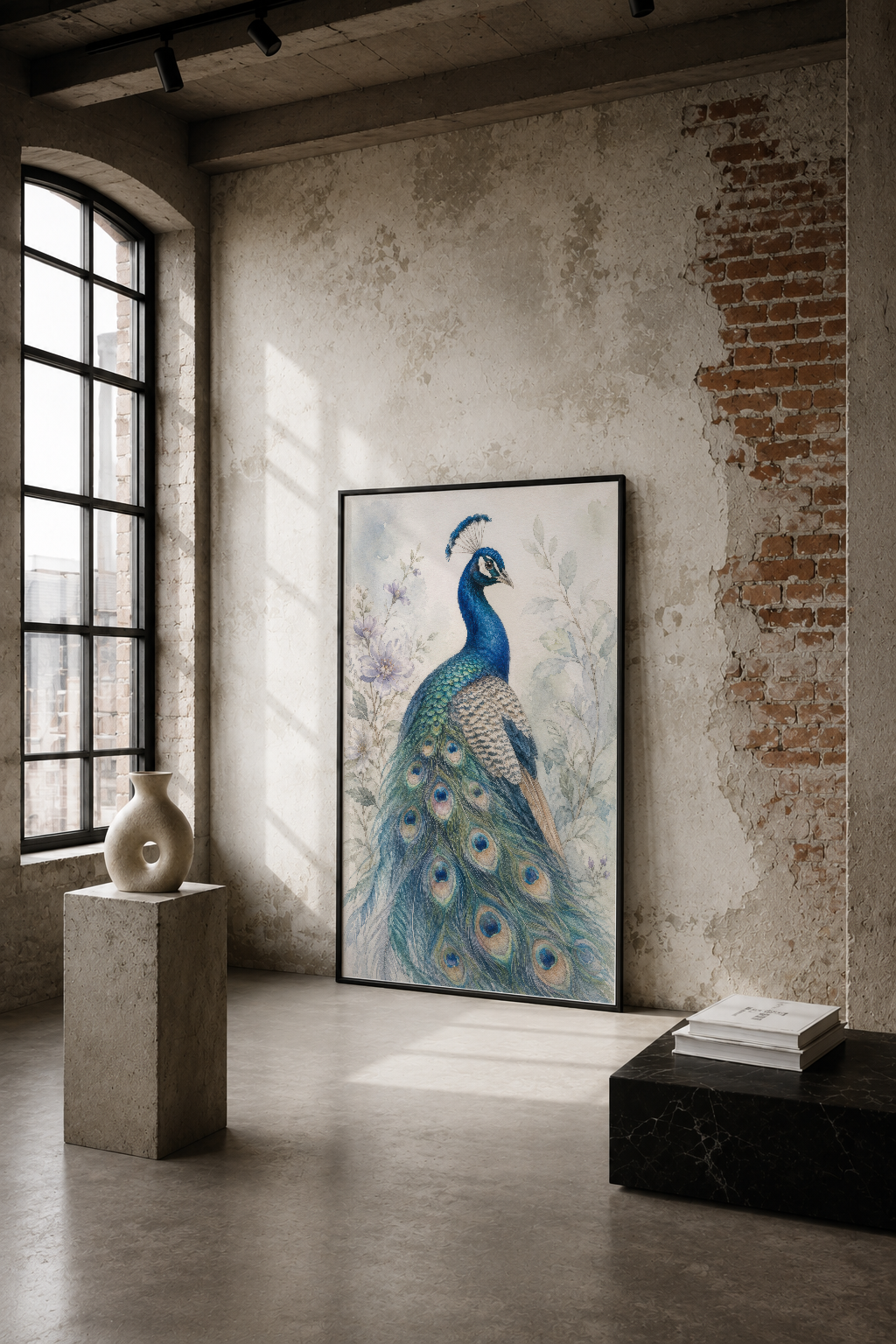 Mavi tavus kuşu desenli sanat tablosu, endüstriyel tarzda tuğla duvar ve betonlu mekanda sergileniyor.