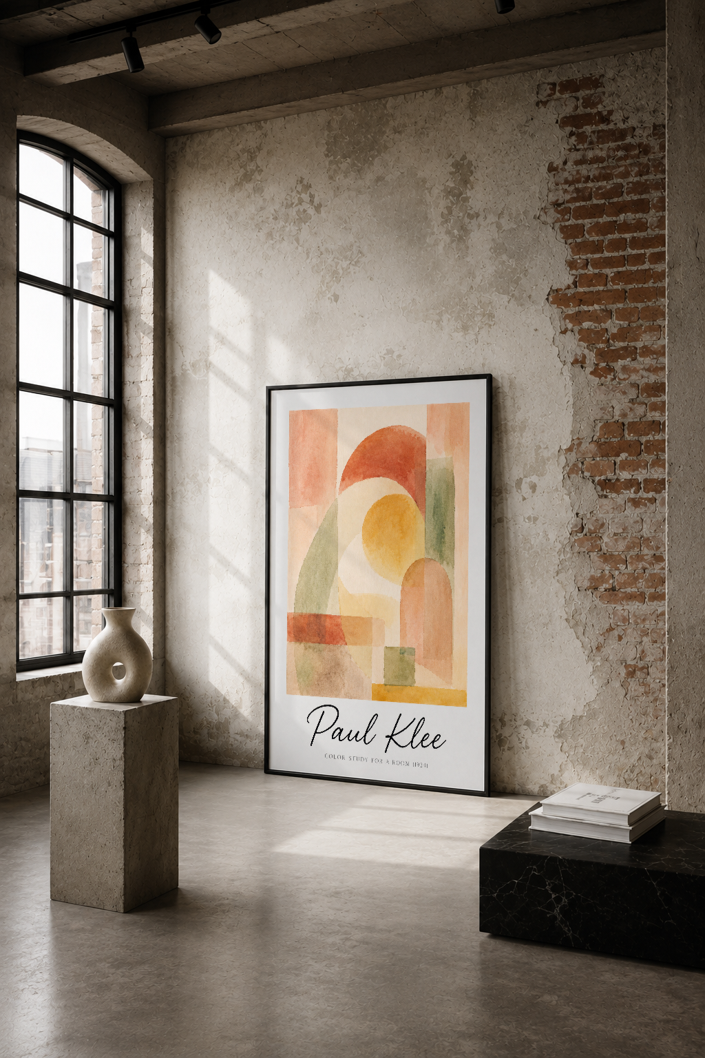 Paul Klee'nin soyut renk çalışması, endüstriyel loft ortamında tuğla duvarın üstünde sergilenen modern sanat eseri.