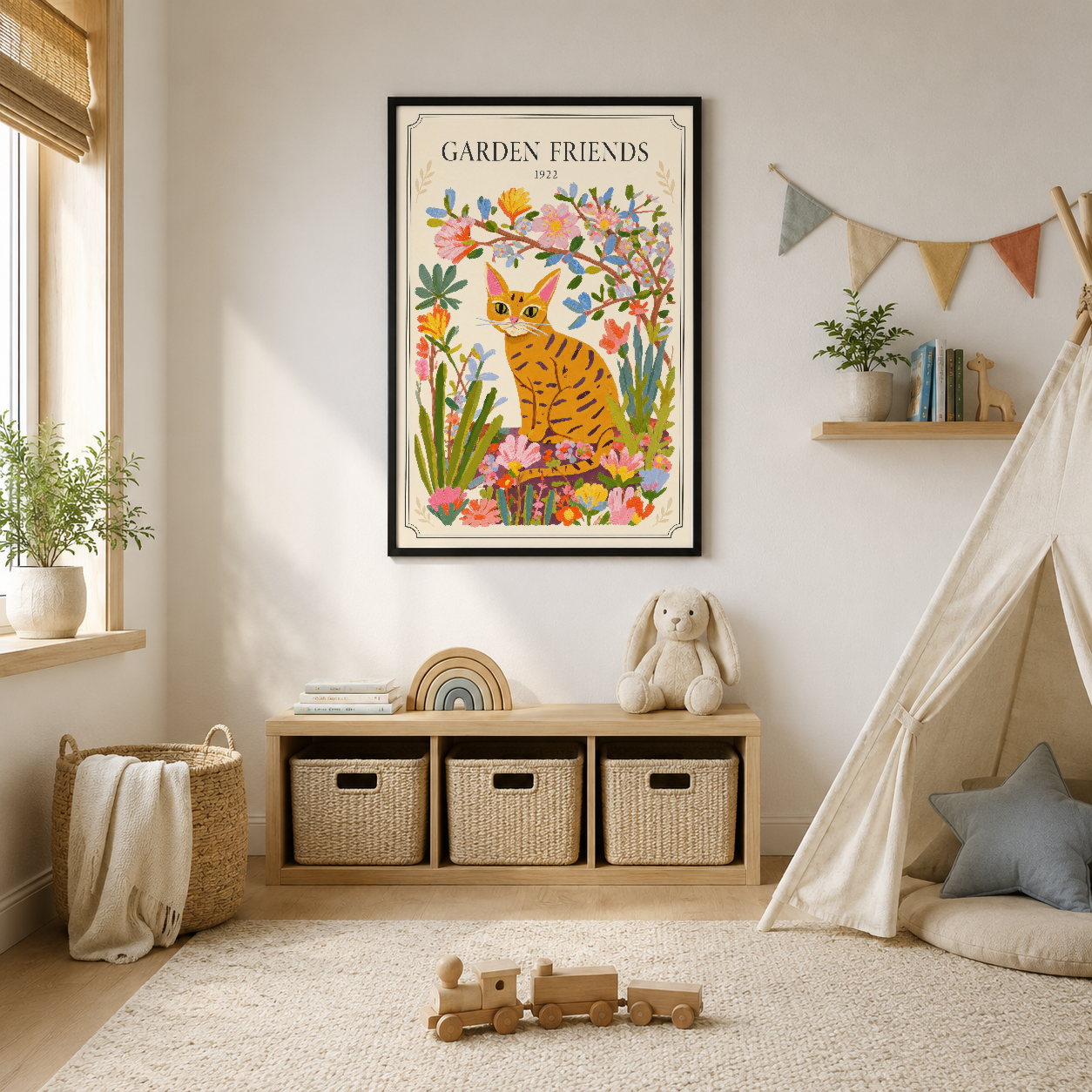 Parlak sarı kedinin çiçekler arasında oturduğu 'Garden Friends' vintage tablosu, çocuk odasında duvar dekorasyonu olarak