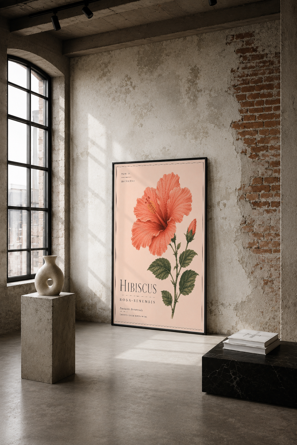 Hibiscus Rosa-Sinensis botanik tablosu, endüstriyel loft ortamında tuğla duvar ve betonun üzerinde sergilenmiş.