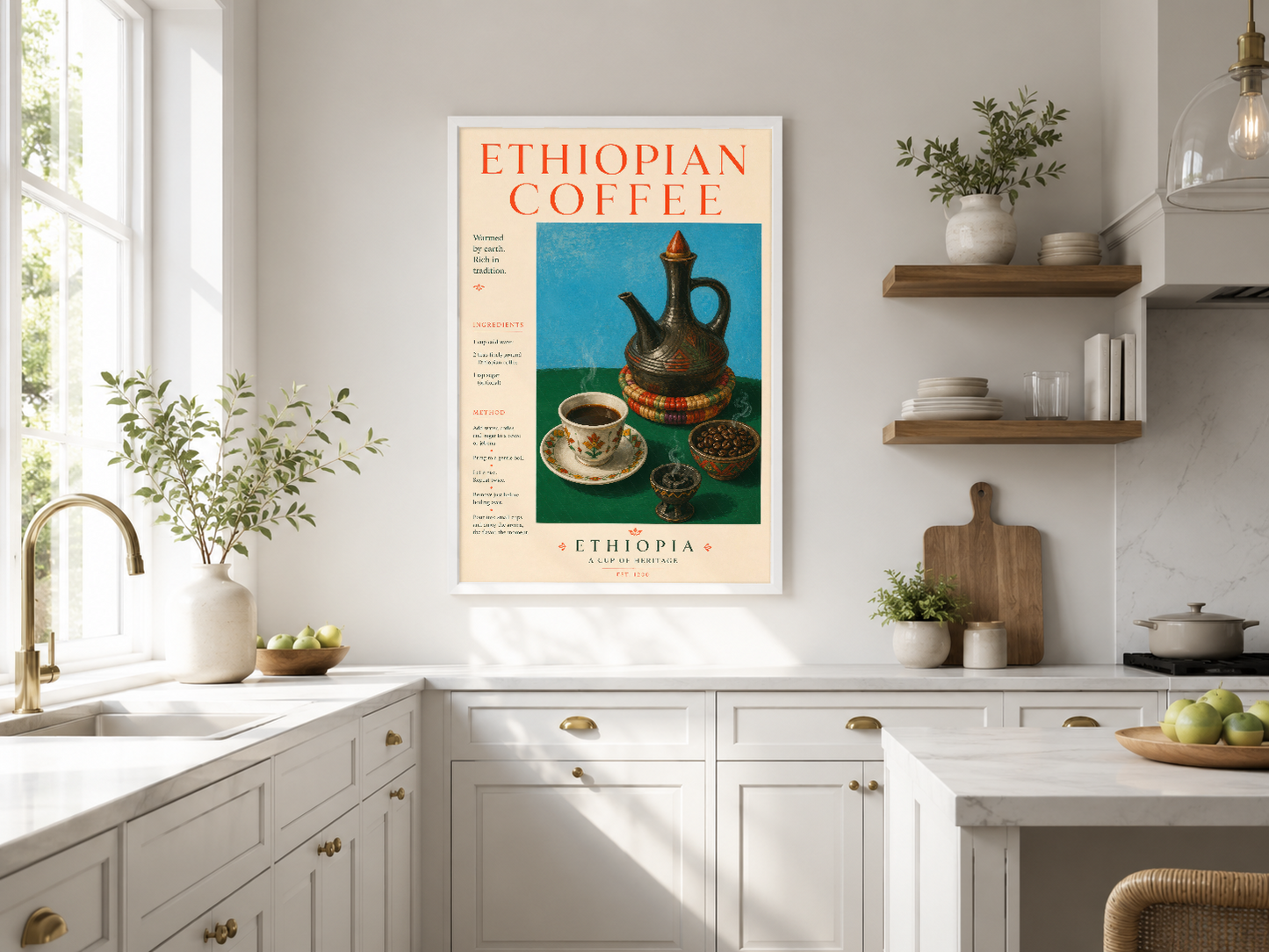 Etiyopya Kahvesi posteri, retro tasarım ve canlı renklerle modern mutfakta duvar süsü olarak.