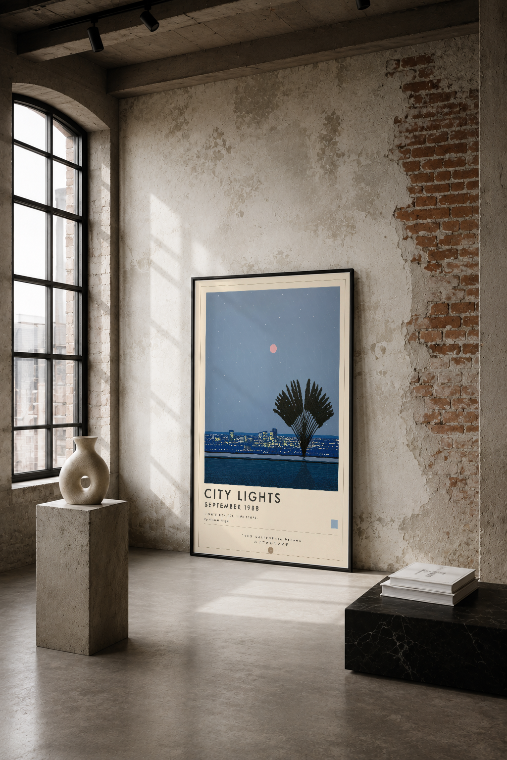 Endüstriyel bir mekanda duvarına asılmış, şehir ışıklarını tasvir eden minimalist poster tablo.