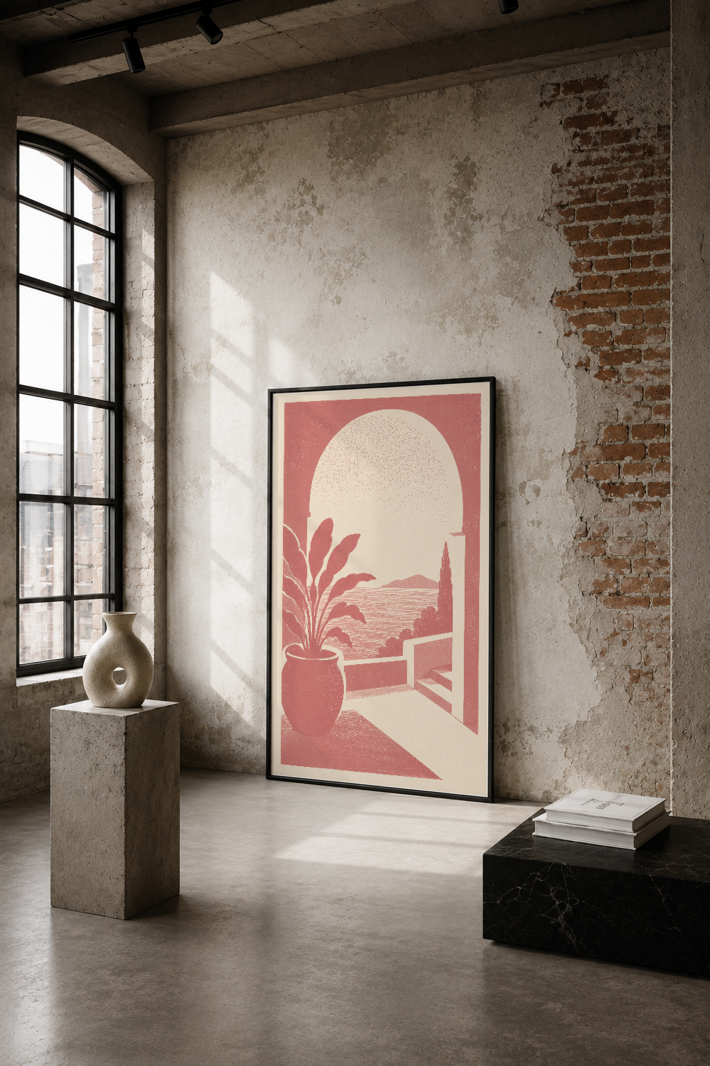 Sıcak pembe tonlarında, akdeniz manzarası ve bitki motifli minimalist poster endüstriyel alana sakinlik katar.