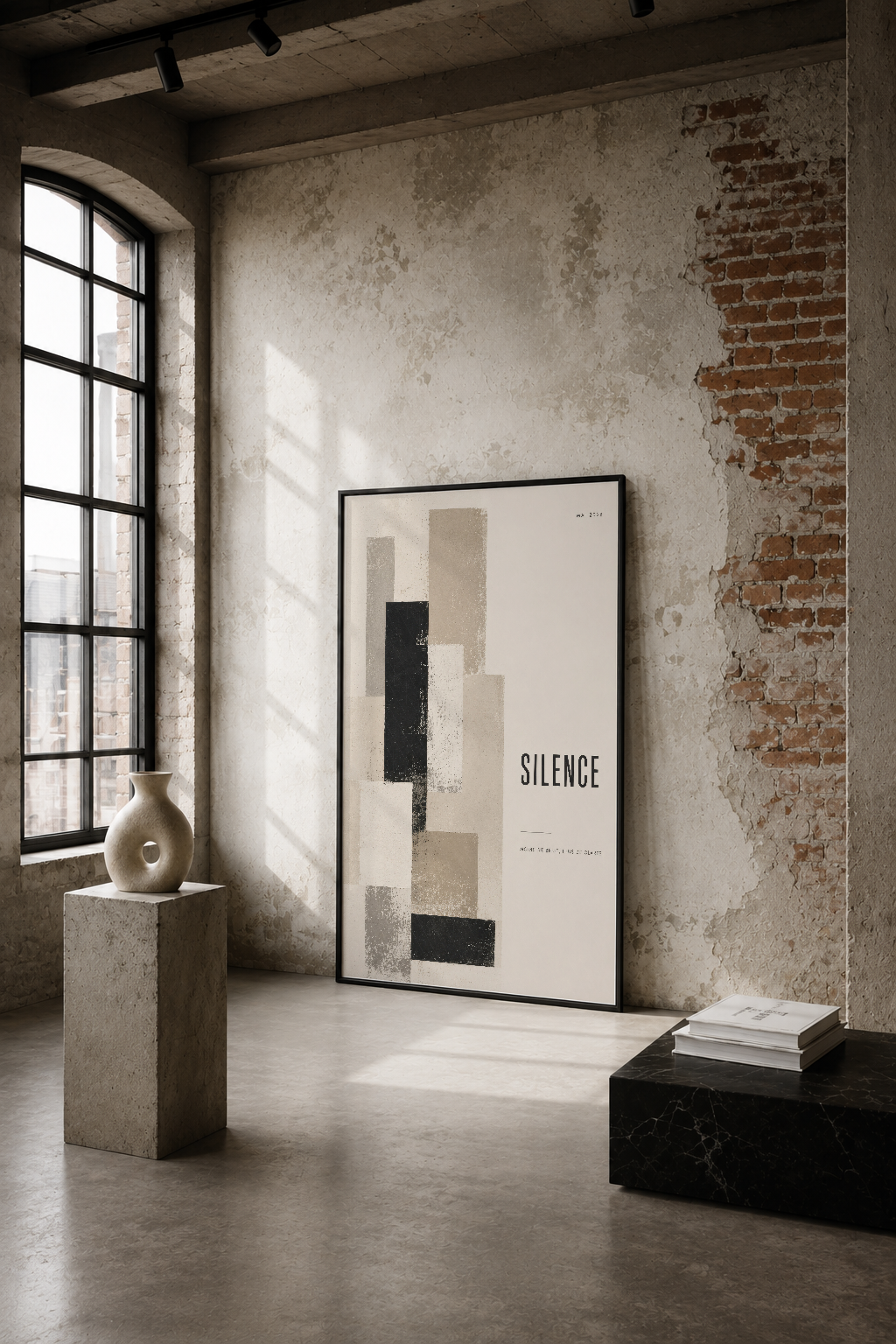 Soyut geometrik desenli SILENCE tablosu, endüstriyel bir loft mekanda tuğla duvar ve geniş pencere yanında sergileniyor.