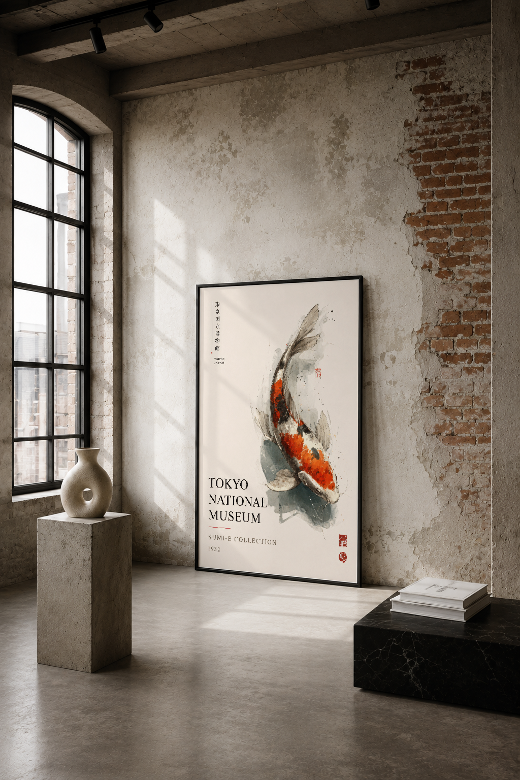 Tokyo National Museum Sumi-e koleksiyonundan, geleneksel Japon mürekkep resmiyle renkli koi balığı tasviriyyen duvar tablosu.